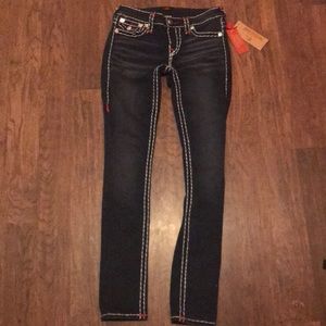 True religion red , white stitching skinny jeans